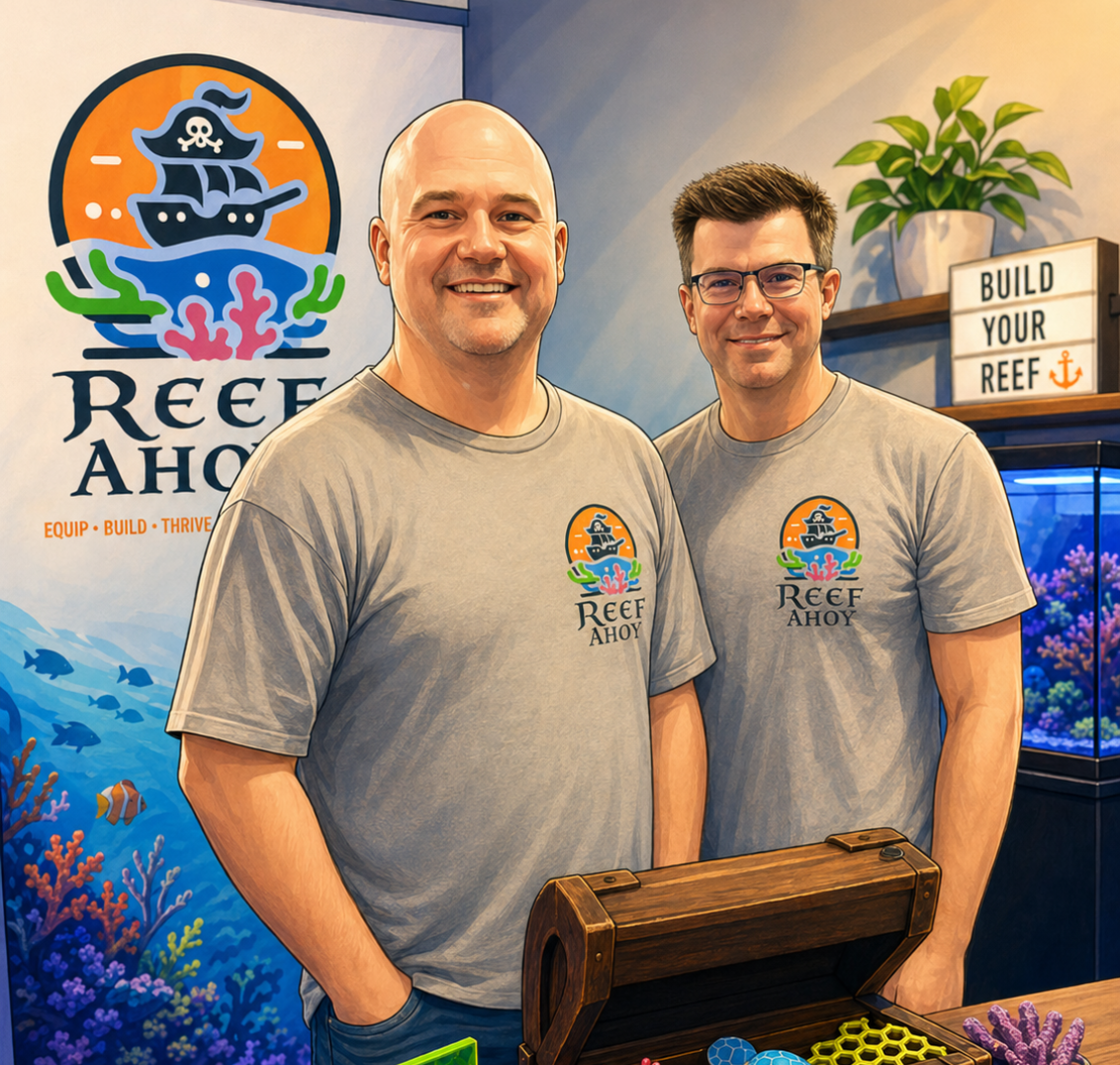 Steve and Mike at the Reef Ahoy stand with 3D-printed reef accessories